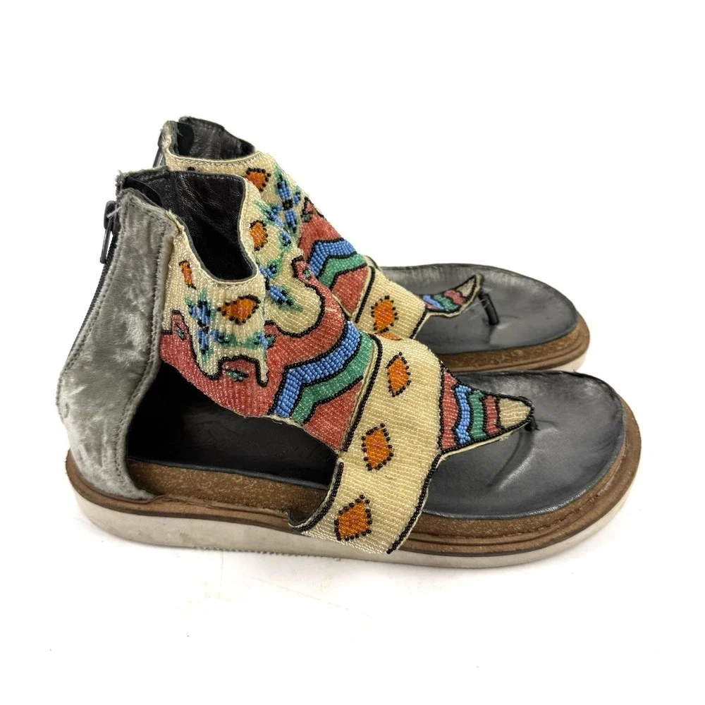 Free People Tahiti Beaded Sandals 41 Back Zip Up Shoes Boho Gypsy Festival 10